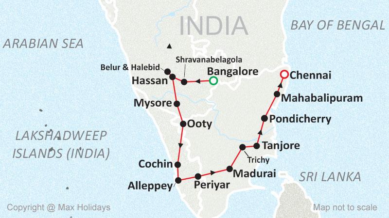 Grand South India with Goa Tour Map