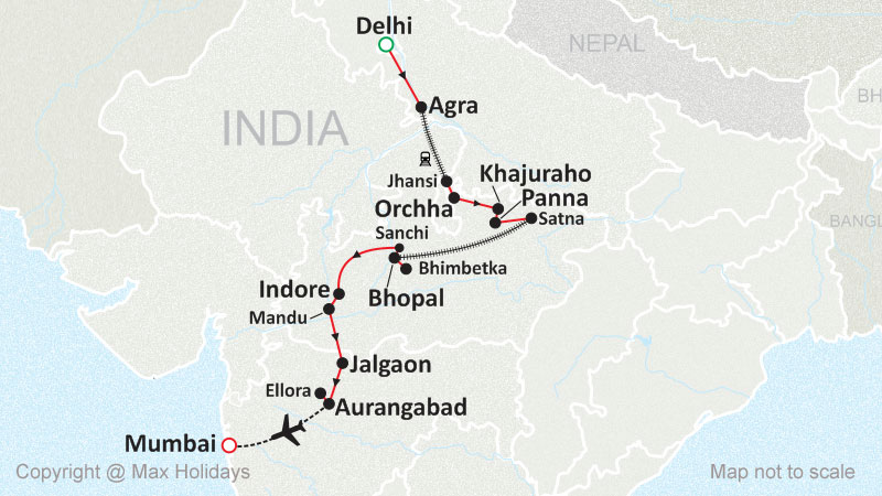 Central India with Taj, Tiger and Mumbai Tour Map